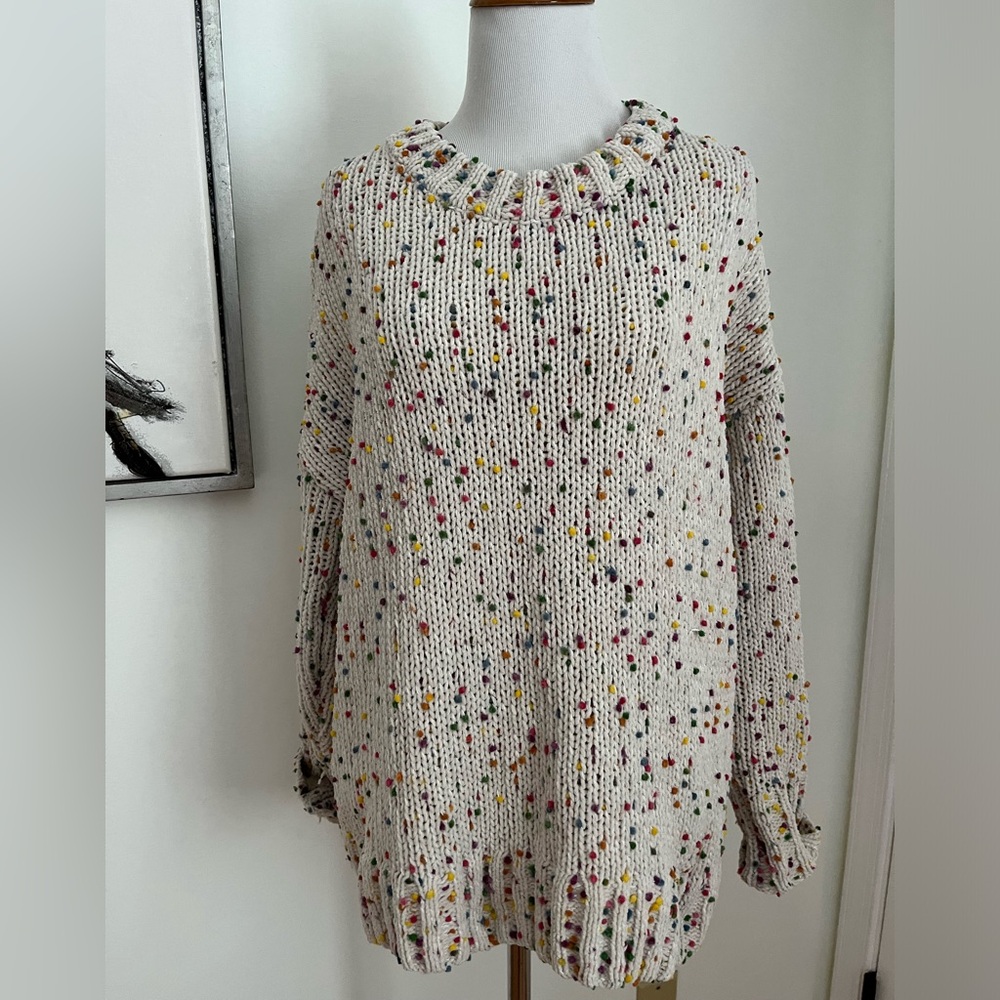 Seven7 Women's Chunky Knit Multicolor Pom Pom Sweater Size Small - Picture 2 of 9